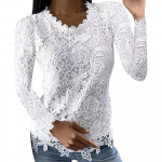Naiste topid Pikkade varrukatega T-s&auml;rgid Pits Slim Fit Pluusid Kaelusega tuunikatopsid S&uuml;giss&auml;rk avar pullover pluus 5XL valge