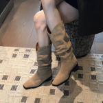 S&uuml;gis-Talvised Jalatsid Pika S&auml;&auml;rega Retro Ruudukujulise Ninaga Paksude Kontsadega Volditud Suur Suurus Mugavad Stacking Saapad Naiste Saapad 35 khaki