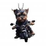 Akr&uuml;&uuml;list autoripats Kutsikas, kes s&otilde;idab mootorrattal rippuva ripatsiga, kerge tahavaatega