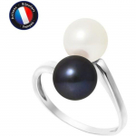 PERLINEA - Bague V&eacute;ritables Perles de Culture d'Eau Douce Rondes 7-8 mm - Blanc Naturel & Black Tahiti - Or Blanc - Bijou Femme