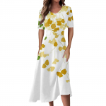 Naiste vabaajamood, lilleline (Leht) Prindiga V-kaelusega l&uuml;hikeste varrukatega v&ouml;&ouml;koht pikk swing kleit L sinine