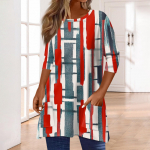 3/4 varrukatega taskutega topid naistele T-s&auml;rk Vabaaja tr&uuml;kiga keskmise pikkusega topid T-s&auml;rk &Uuml;mara kaelusega kampsun Pluus M punane