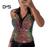 Naiste vest rev&auml;&auml;riga V-kaelusega varrukateta &otilde;lalt avatud topid s&auml;ravate litritega maikad p&uuml;hadeks pidudeks klubidesse S leopard