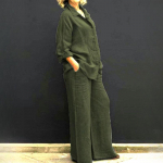 Naiste linane vabaajas&auml;rk 2-osaline komplekt Moodne rev, pikkade varrukatega n&ouml;&ouml;biga pluus ja p&uuml;ksid, kost&uuml;&uuml;mid, lahtised laiad p&uuml;ksid, &uuml;likonnad XXXXXL tumeroheline v&auml;rv