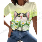 Kassi 3D-prindiga T-s&auml;rk Naiste Mood Suured T-s&auml;rgid Harajuku L&uuml;hikeste varrukatega T-s&auml;rgid Naljakad kassi T-s&auml;rk O-kaelusega Camisetas Animal S