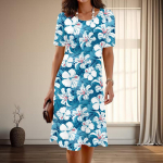 Naiste moodne graatsiline lilleprindiga suvine kevadine l&uuml;hikeste varrukatega O-kaelusega vabaajakleidid XS sinine