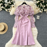 Kevad S&uuml;gis Naiste Elegantne Pitsist Patchwork Peo Kitsas Bodycon Merineitsi Kleit S roosa