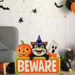Light up Beware Sign,Collectible Figurine Halloween Decoration Pumpkin Cat Statue for Fireplace