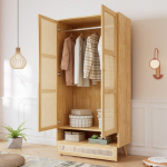 Armoire avec tringle &agrave; penderie, filet en rotin, salon, avec fond rabattable, agglom&eacute;r&eacute; + rotin PE, couleur naturelle