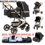 BAZARLAND30.Poussette 3 en 1 B&eacute;b&eacute; Combin&eacute;e Si&egrave;ge-Auto Nacelle Trio R&eacute;versible R&eacute;glable Haute Qualit&eacute; Roues increvables Canne. NOIR must