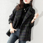 Ruuduline &uuml;likond villane mantel naiste s&uuml;gis uus Korea mood lahtine retro ruuduline villane mantel Keskmise pikkusega villane bleiser Vintage roheline M