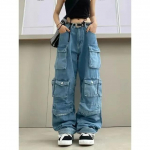 Multi-Pocket Blue Washed Teksad Cargo Pants Y2k Retro Streetwear Mood k&otilde;rge v&ouml;&ouml;kohaga teksad Paar Harajuku vabaaja laia s&auml;&auml;rega p&uuml;ksid S