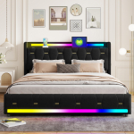 Polsterdatud voodiraam Bluetooth-k&otilde;lariga Reguleeritav RGB LED-valgus &Ouml;&ouml;kapiga hoiuriiul Topeltlaadimispordiga Muusikar&uuml;tmiga Nutikas voodi 140*200cm