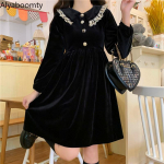 Jaapani Lolita stiilis kevads&uuml;gis naiste minikleit Peter Pan krae pitsiga must sametkleit pikkade varrukatega gooti peokleit One Size must