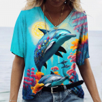 Naiste T-s&auml;rgid Dolphin Print Tops V-kaelus Mood Naiste vintage r&otilde;ivad Esteetika T-s&auml;rgid Lahti suured naljakad T-s&auml;rgid 2XL