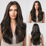 ALAN EATON Brown Highlight Wave parukas, pikk s&uuml;nteetiline juuksejoon, pitsparukad, loomulik v&auml;limusega kuumuskindel kiud naiste peole iga p&auml;ev