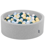 KiddyMoon 90x30cm/200 palli Pallid 7cm / 2,75 tolli beebivahust palliauk, helehall:tume t&uuml;rkiis/pastellsinine/pastellkollane/valge 90x30cm/200 balls