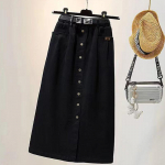 Pestud puuvillane suur seelik naiste l&otilde;hikuga k&otilde;rge v&ouml;&ouml;kohaga salendav keskmise pikkusega sirge seelik M must