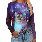 Topid Naistele 3D Mitmev&auml;rviline Starry Cat Print &Uuml;markaelusega pikkade varrukatega T-s&auml;rk S&uuml;gisel vabaaja naiste pikkade varrukatega top j&otilde;uludeks XS lilla