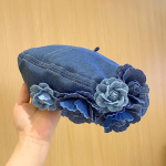 Y2K Korea Disainer Vintage Elegance Denim Blue Camellia Barett M&uuml;tsid Naistele Kevadsuvi naiselikkus Ni&scaron;&scaron; vabaaja maalikunstniku m&uuml;tsid