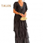 Suvine naiste &otilde;htukleit V kaelusega, litritega, laialivalguv, laialivalguv, laialivalguv kihiline &uuml;hev&auml;rviline l&uuml;hikeste varrukatega avara ballipeokleit M helehall v&auml;rv