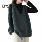 Kevads&uuml;gisene naiste vestiga kootud kampsun Retro V kaelusega avara varrukateta &uuml;hev&auml;rviline pullover, &otilde;&otilde;nsas, rombikujuline tekstuur, igap&auml;evaseks kandmiseks khaki