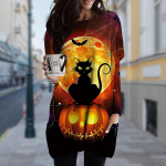Naiste Black Cat Print Crew kaelaga kleit kevads&uuml;gisene suures suuruses taskukleit 6XL