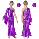 T&uuml;drukutele l&auml;ikivad laia s&auml;&auml;rega p&uuml;ksid m&auml;ngukost&uuml;&uuml;m Metallic Disco Party Romper Kleit Jumpsuit Halloweeni kost&uuml;&uuml;m Flare Bell Bottom Sparkle Tantsutrikood 9-10 Years lilla