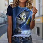 Moodne naiste etikett Flower Kitty Print T-s&auml;rk Funny Casual O-kaelusega l&uuml;hikeste varrukatega T-s&auml;rk Suvine naiste T-s&auml;rk XS sinine