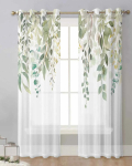 Roheliste lehtedega eukal&uuml;pti taim T&uuml;ll Elutoa kaunistus L&auml;bipaistvad &otilde;hukesed kardinad Magamistuba K&ouml;&ouml;k Voile &Scaron;ifoon Kardinad W65X60H(cm)X2Pcs&Grommet Top white