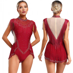 Naised S&auml;delevad kivikivid Splice Kunstiv&otilde;imlemine Aktiivr&otilde;ivad Jazz Tantsur&otilde;ivad Iluuisutamine Unitard Tassel Seelikuga Bodysuit S burgundiapunane