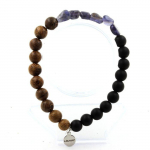 Pierres et Min&eacute;raux. Bracelet Cordierite Iolite de Madagascar + Perles Onyx noir mat + bois Fabriqu&eacute; en France.