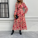 Naiste kevad- ja suvepuhkuse vabaaja kleit kontrasttr&uuml;kiga V-kaelusega S roosa