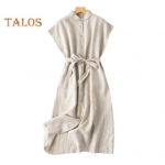 Puuvillasegu linane n&ouml;&ouml;bitav s&auml;rk-midikleit naistele, vabaaja rev&auml;&auml;rkrae ja varrukateta kleit v&ouml;&ouml;ga rannapidudeks M tumeroheline v&auml;rv