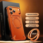 Luksuslik ehtsast nahast Magsafe magnetiline juhtmevaba laadimiskarp iPhone 17 16 15 14 13 Pro Max jaoks, 360&deg; p&ouml;&ouml;ratav r&otilde;ngashoidik, p&otilde;rutuskindel kate For iPhone 17 Pro oranž
