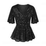 Naiste litritega topid V-kaelusega volangidega varrukad S&auml;delevad pluusid v&ouml;&ouml;kohalt pingul elastse &auml;&auml;risega &otilde;htukokteiliga l&auml;ikivad topid L