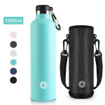 Fjbottle 1000ml Spordipudel Roostevabast Terasest Vaakumisolatsiooniga Pudel Karabiiniga Lekkimiskindel BPA-vaba Termospudelid 1000ML taevasinine v&auml;rv