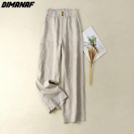 DIMANAF Plus Size 2022 uued naiste linased laia s&auml;&auml;rep&uuml;ksid suvised elastsed vintage soliidsed lahtised pikad p&uuml;ksid L beež
