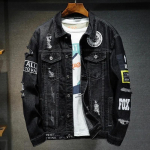 Meeste Rebitud Plaastritega Denim Jakk Streetwear K&auml;rbitud Puuvillane Jakk Tikandiga Plaaditud &Uuml;ler&otilde;ivad L