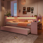 Polsterdatud 140x200 p&auml;evas&auml;ng USB-portide ja LED-ribaga, v&auml;ljat&otilde;mmatava voodi ja kirjutuslauaga, roosa 237 x 153.5 x 93.5 cm roosa