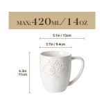MALACASA GISELLE 4/8 TK Portselanist Tassikomplektid 14 Oz Retro Reljeefne Kohvitassikomplektid Keraamilised Kruusikomplektid Piima/Cappuccino jaoks Kaks Valikut 4PCS valge