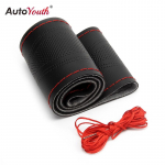 K&auml;sitsi &otilde;mmeldud universaalne mikrokiust nahast auto rool 38 cm 37-38 cm/15 inch must/punane