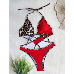 Seksikas splaissitud leopardp&auml;itsetega naiste ujumisriided, &uuml;hes t&uuml;kis naiste ujumistrikoo, v&auml;ljal&otilde;igatud seljaosata ujumiskost&uuml;&uuml;m naiste ujumisriided S punane