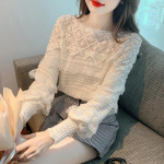 Elegantne O kaelaga naiste pitsilised s&auml;rgid Moodne pitspluus Naiste pikkade varrukatega alumised topid Slim Fit vintage pluus Naiste riided 30022 S aprikoosi