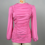 S&uuml;gis- ja talvine naiste pluus alumine s&auml;rk, soe &uuml;mmargune kaelus &uuml;hev&auml;rviline plisseeritud latern varrukas &otilde;huke pikkade varrukatega pluus S roosa