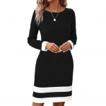 Naiste elegantne pullover-kleit, triibuline mustriga O-kaelusega pikkade varrukatega vabaajakleit Minikleit Slim Fit kleit M must