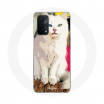 &Uuml;mbris Oppo A74 5G T&uuml;rgi kaubiku valgele siniste ja kollaste silmadega kassile