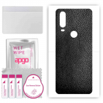 apgo Protective Skin Sticker for the back compatible with Motorola One Action, Wrap Film, Foil, Vinyl - Pattern Black Leather