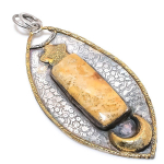 Natural Fossil Coral Gemstone 925 Sterling Silver Two Tone Pendant 3.35 j9n37