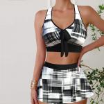 Naiste &otilde;lapaeltega ujumistrikoo Must-valge ruudukujuline prindiga Bikini Tankini ujumistrikoo S must